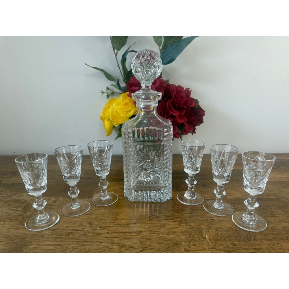 Vintage Crystal Decanter Set Pinwheel Starburst Square Whiskey Liquor‎ Cordial